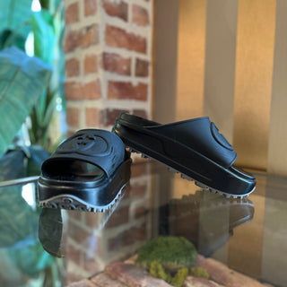 GUCCI GG Black Leather Rubber Platform Slides