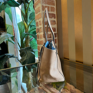GUCCI Swing Small Beige Blue Pebbled Calfskin Leather Tote Bag