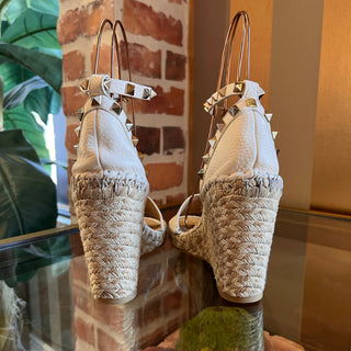 VALENTINO White Leather Rockstud Ankle Strap Wedges SZ 37 (US 7)