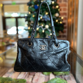 CHANEL On The Road Black Quilted Glazed Leather Tote Bag