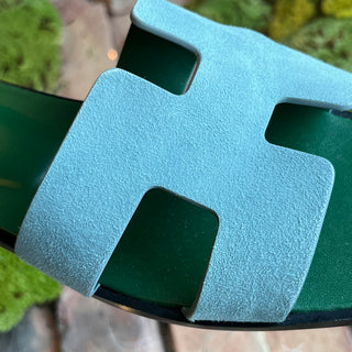 HERMES Oran Blue Suede Bicolor Bleu Minéral Sandals SZ39.5(9.5US)