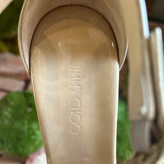 JIMMY CHOO Pela Beige Patent Leather Cork Platform Wedges SZ38(8US)