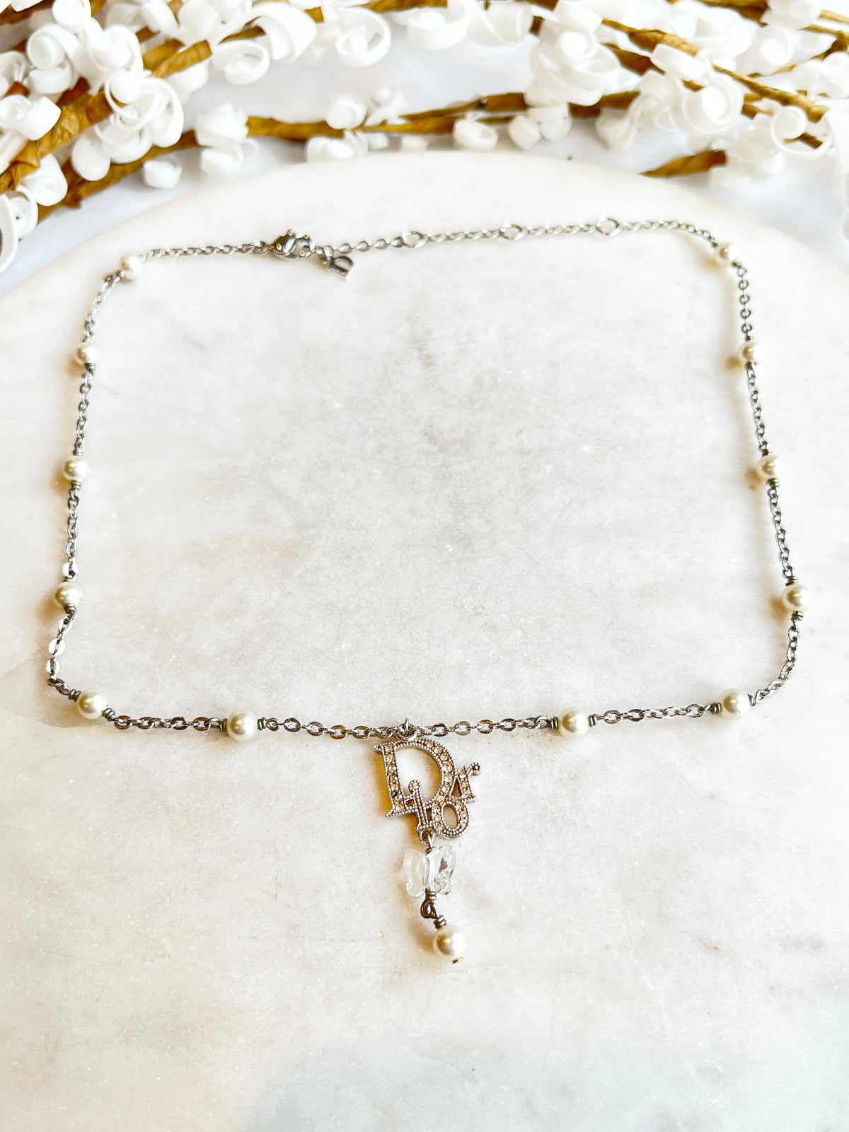 Dior Pearl Station Logo Necklace