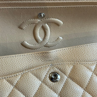 CHANEL Double Flap Small Beige Caviar Quilted Leather Shoulder Bag