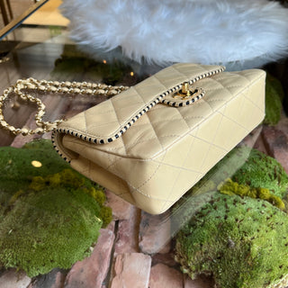 CHANEL Single Flap Whipstitch Beige Lambskin Shoulder Bag