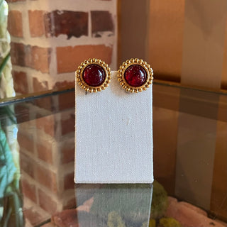 CHANEL Round Gold Tone Red Clip On Earrings