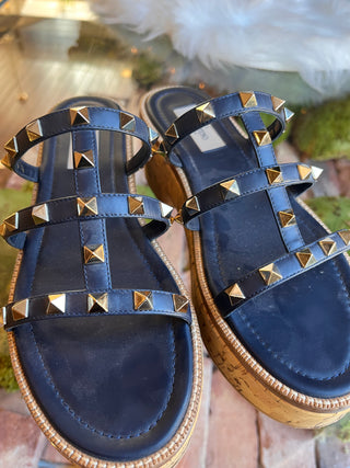 VALENTINO  Navy Blue Rockstud Cork Sandals SZ 37.5