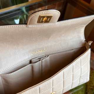 CHANEL East West Chocolate Bar Flap Beige Lambskin Patent Shoulder Bag
