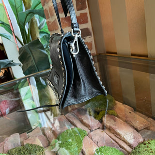 PRADA Etiquette Black Glace Calfskin Studded Flap Crossbody Bag