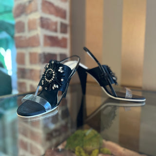 CHANEL Black Satin Leather Sling Back Heels SZ 38.5 (US 8.5)