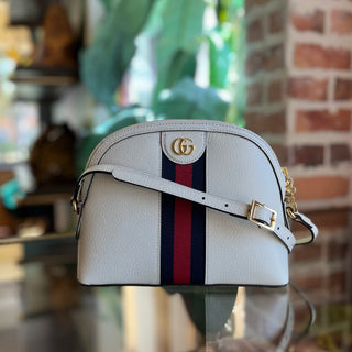 GUCCI Ophidia Small White Leather Web Vintage Crossbody Bag