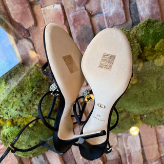 DIOR T Strap Black Satin Crystal Embellished Sandals SZ38(8US)