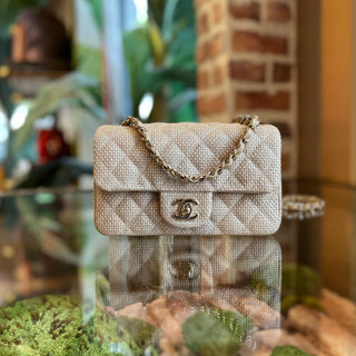 CHANEL Rectangle Flap Mini Dark Beige Raffia Shoulder Bag