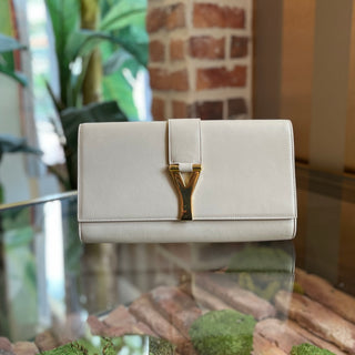 SAINT LAURENT Classic Y Ligne Light Beige Calfskin Leather Clutch Bag