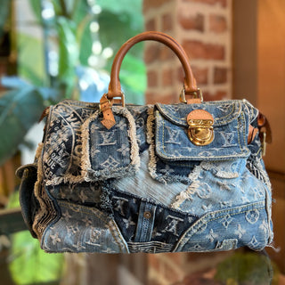 LOUIS VUITTON Speedy 30 Limited Edition Blue Denim Patchwork Satchel Bag