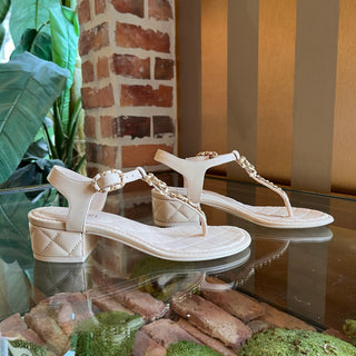 CHANEL Quilted CC Beige Lambskin Leather Sandals SZ 35 (US 5)