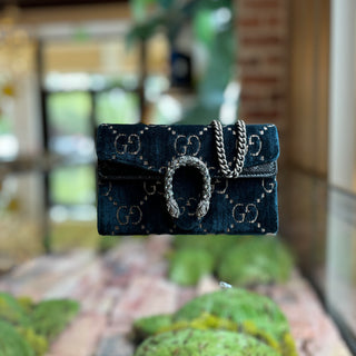 GUCCI Super Mini Dionysus Dark Blue GG Embossed Velvet Shoulder Bag