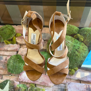 JIMMY CHOO Tan Suede Criss Cross Sandals SZ37.5(7.5US)