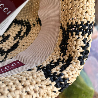 GUCCI Beige GG Monogram Raffia Bucket Hat SZ57(M)