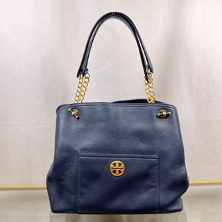 TORY BURCH Chelsea Slouchy Navy Blue Pebbled Leather Tote Bag