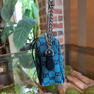 GUCCI Marmont Small Camera Blue GG Diagonal Quilted Canvas Crossbody Bag