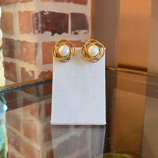CHANEL Gold Tone Faux Pearl Twist Clip On Earrings
