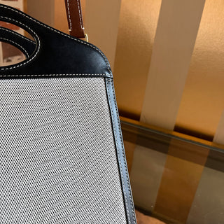 BURBERRY Mini Logo Black Pocket Canvas  Leather Tote Bag