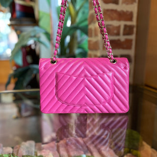 CHANEL Double Flap Medium Dark Pink Lambskin Chevron Quilted Shoulder Bag