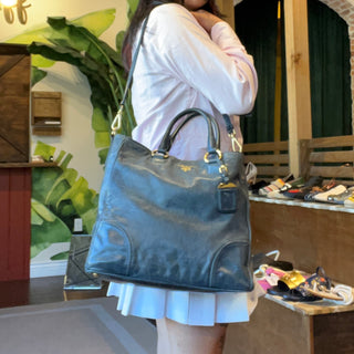 PRADA Blue Vitello Shine Open Convertible Tote