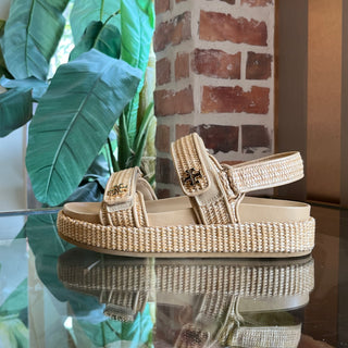 TORY BURCH Kira Sport Sandal Beige Raffia Strappy Slides SZ9.5