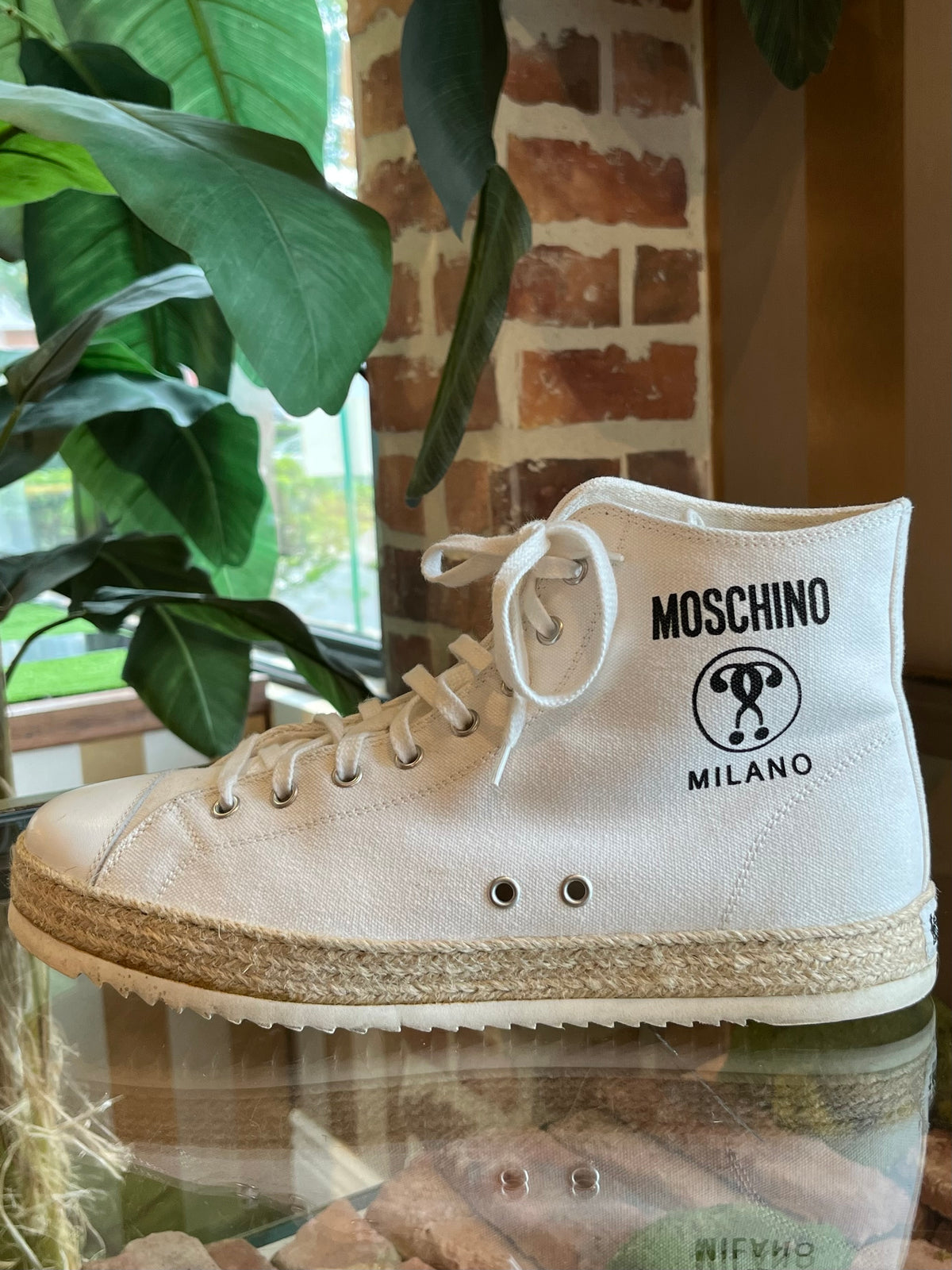 MOSCHINO White Canvas Lace up High Top Espadrille Sneakers MENS SZ42(10US)