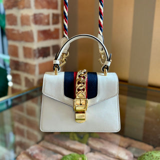 GUCCI White Leather Mini Sylvie Top Handle Bag