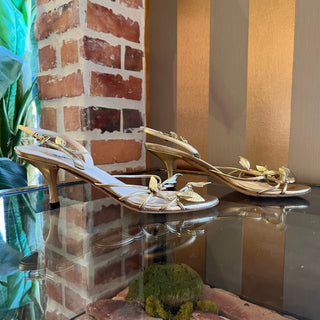 PRADA Vintage Metallic Gold Leather Leaf Sling Back Sandals SZ 39 (US 9)