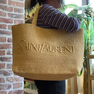 SAINT LAURENT Natural Raffia Logo Tote Bag