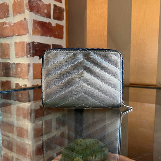 SAINT LAURENT Cassandre YSL Monogram Silver Chevron Leather Wallet