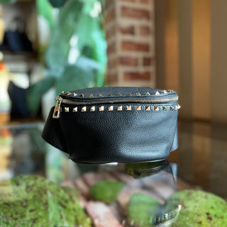 VALENTINO GARAVANI Rockstud Black Pebbled Leather Belt Bag
