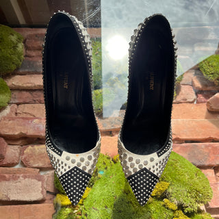 SAINT LAURENT Paris 105 Studded Black/White Leather Heels SZ 37.5 (US 7.5)
