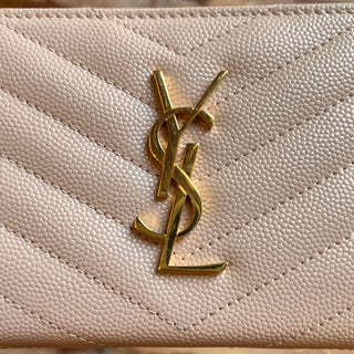 SAINT LAURENT Cassandre Matelassé Dark Beige Grain De Poudre Leather Compact Wallet
