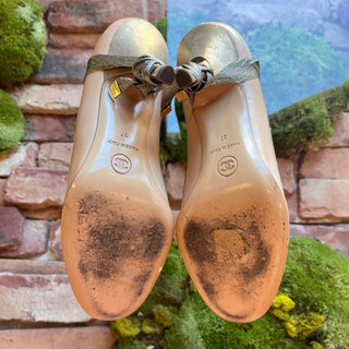 CHANEL Pink Leather Ballet Metallic Wrap Around Heels SZ 37 (US 7)