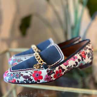 TORY BURCH Jessa Navy Tea Rose Floral Leather Loafers