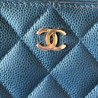 CHANEL Zip Around Blue Quilted Caviar Long Wallet