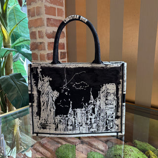 DIOR Canvas Embroidered Medium New York Book Tote Black White