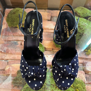 SAINT LAURENT Navy Blue Canvas Polka Dot Bianca Platform Sandals SZ 38 (US 8)