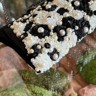 VALENTINO Black & White Beaded Pearl Crystal Flower Appliqué Clutch Bag