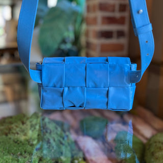 BOTTEGA VENETA Cassette Blue Paper Calfskin Intrecciato Leather Belt Bag