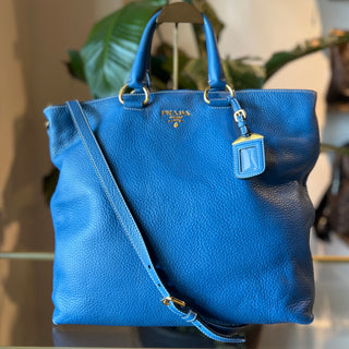 PRADA Blue Vitello Daino Leather Tote