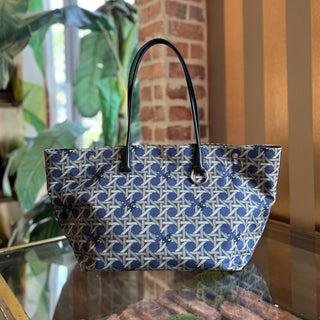 TORY BURCH Blue Basket Weave Print Nylon Tote