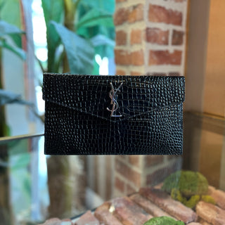SAINT LAURENT Uptown Black Calfskin Crocodile Embossed Monogram Clutch