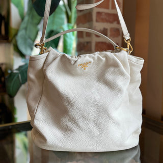 PRADA White Daino Leather Two-Way Hobo Bag