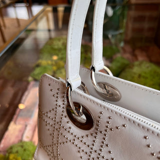 DIOR Lady Dior East West White Calfskin Leather Studded Tote Bag